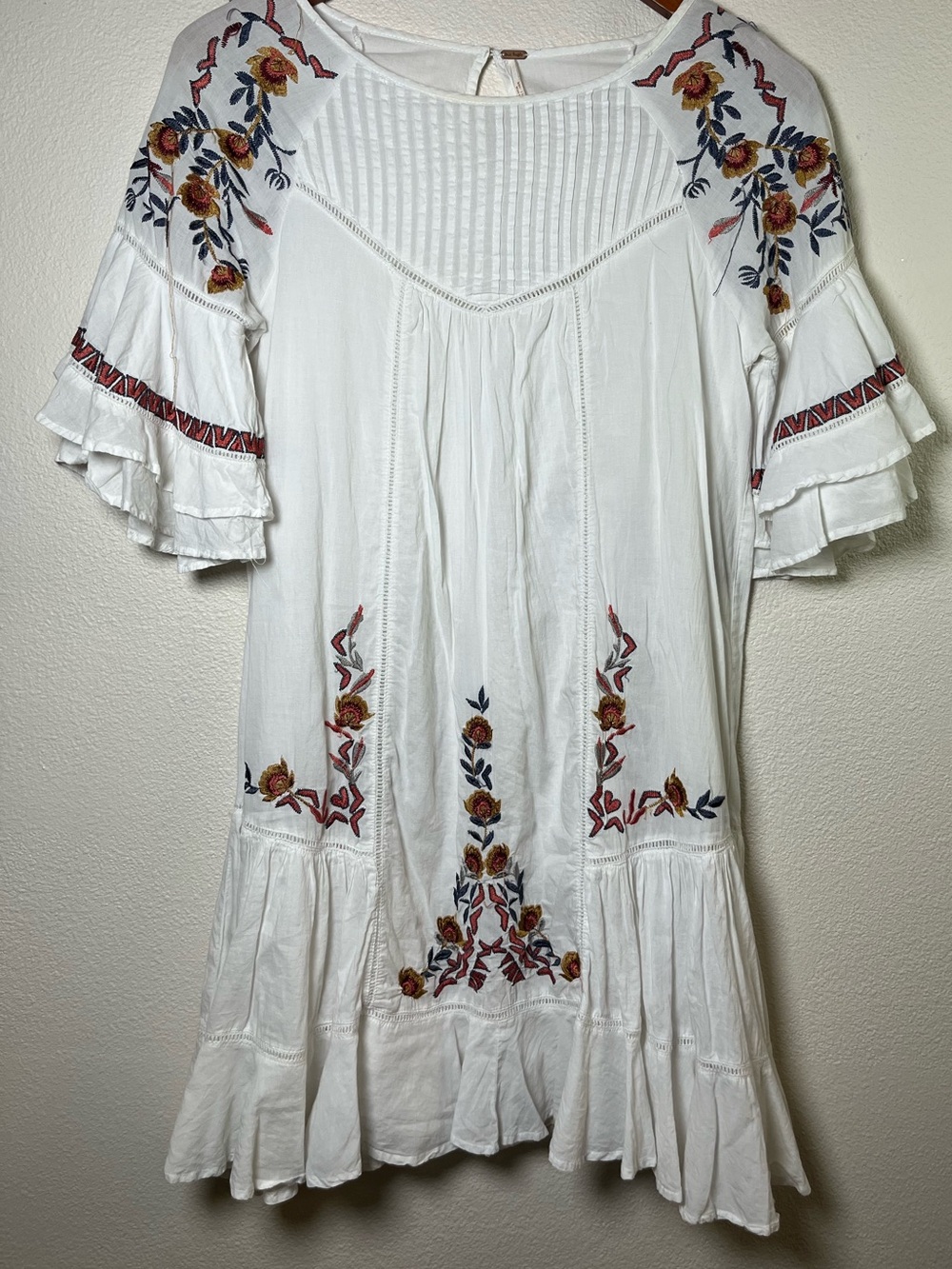Free People White Embroidered Ruffle-Sleeve Tunic